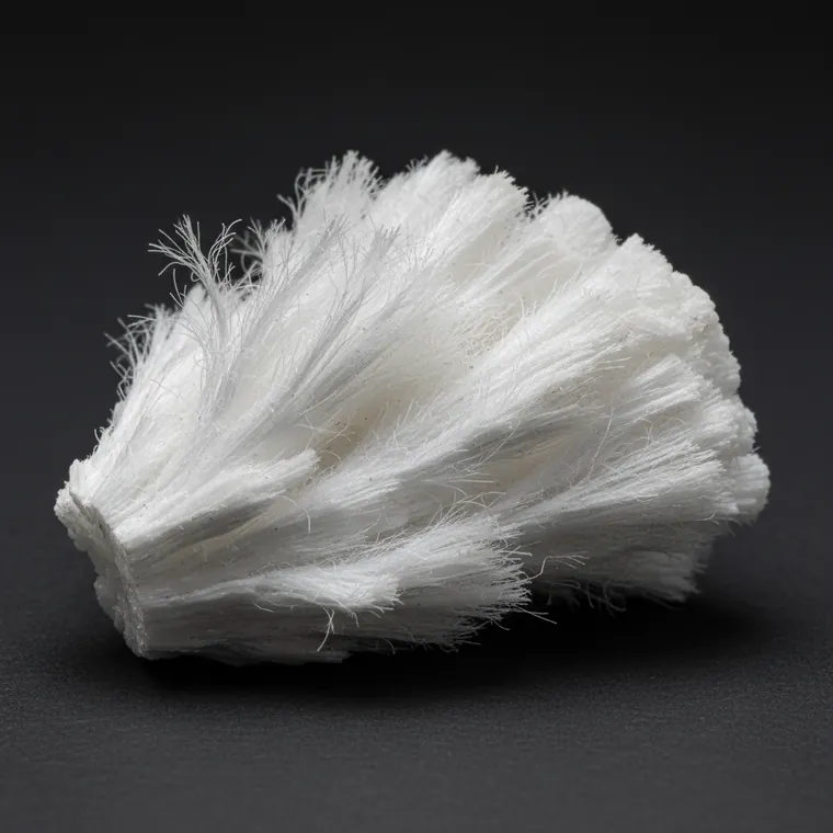 Fibrous white asbestos mineral sample showing thread-like fibers
