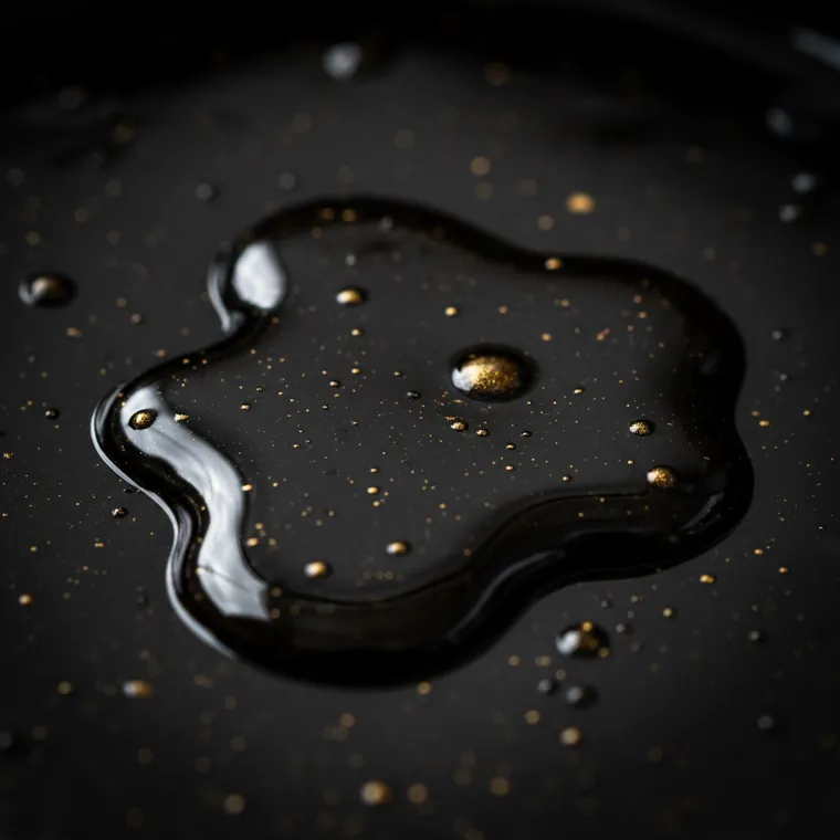 Glossy droplets and a dark pool of viscous crude oil