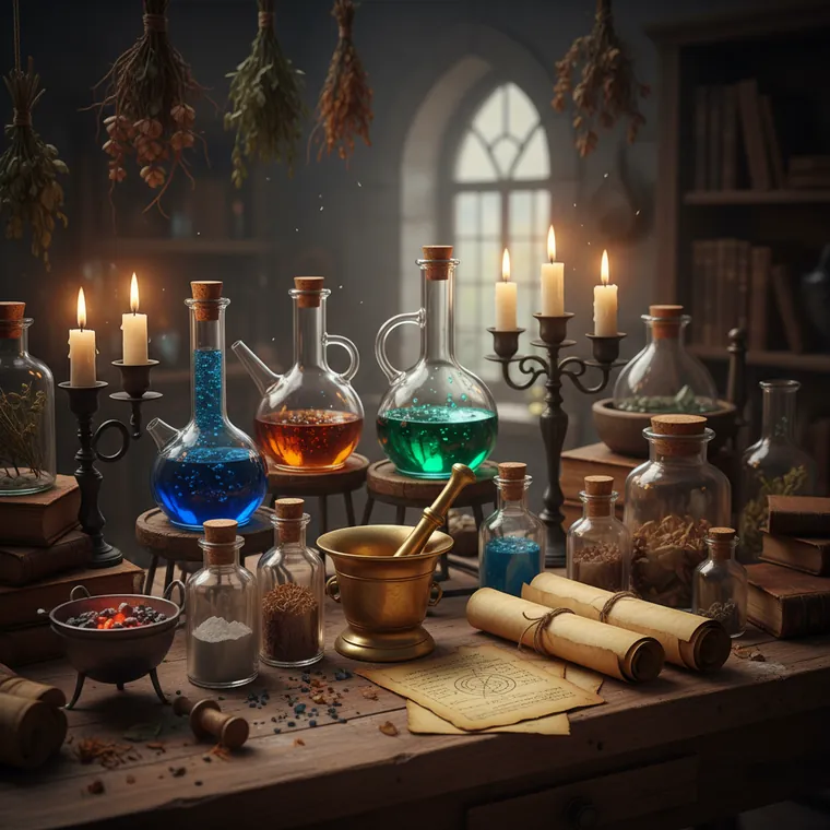 An antique alchemist laboratory workbench with glass alembics and mortar and pestle