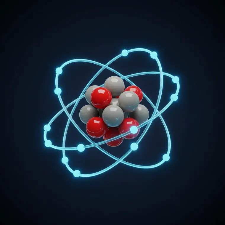 3D illustration of an atom with a nucleus of protons and neutrons surrounded by orbiting electrons