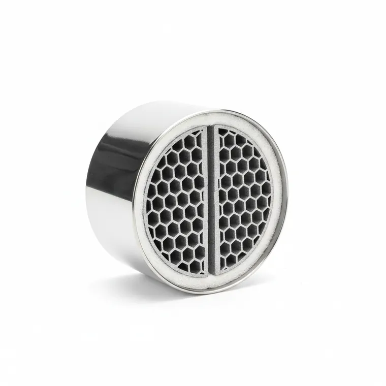 Cutaway of an automotive catalytic converter showing the internal ceramic honeycomb