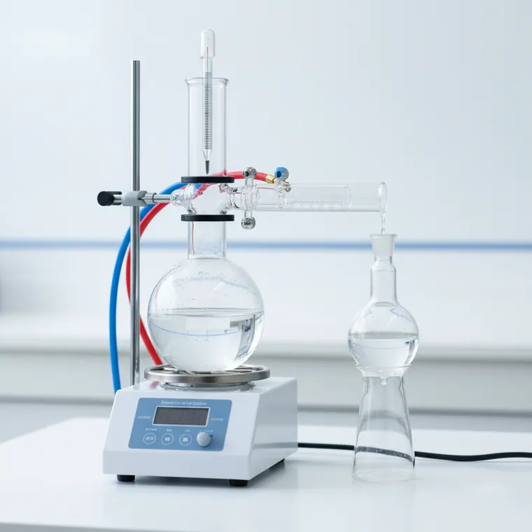 Laboratory distillation apparatus with a heated flask, condenser, and collection flask