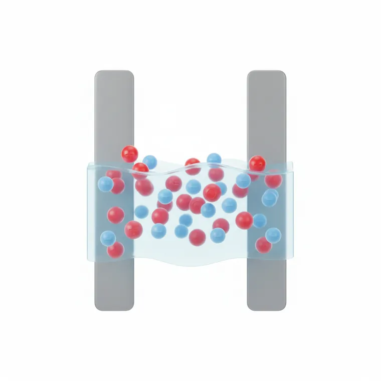 Illustration of positive and negative ions moving in an electrolyte solution between two electrodes