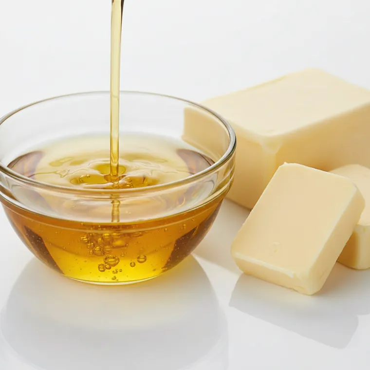 Golden cooking oil pouring into a bowl beside blocks of butter
