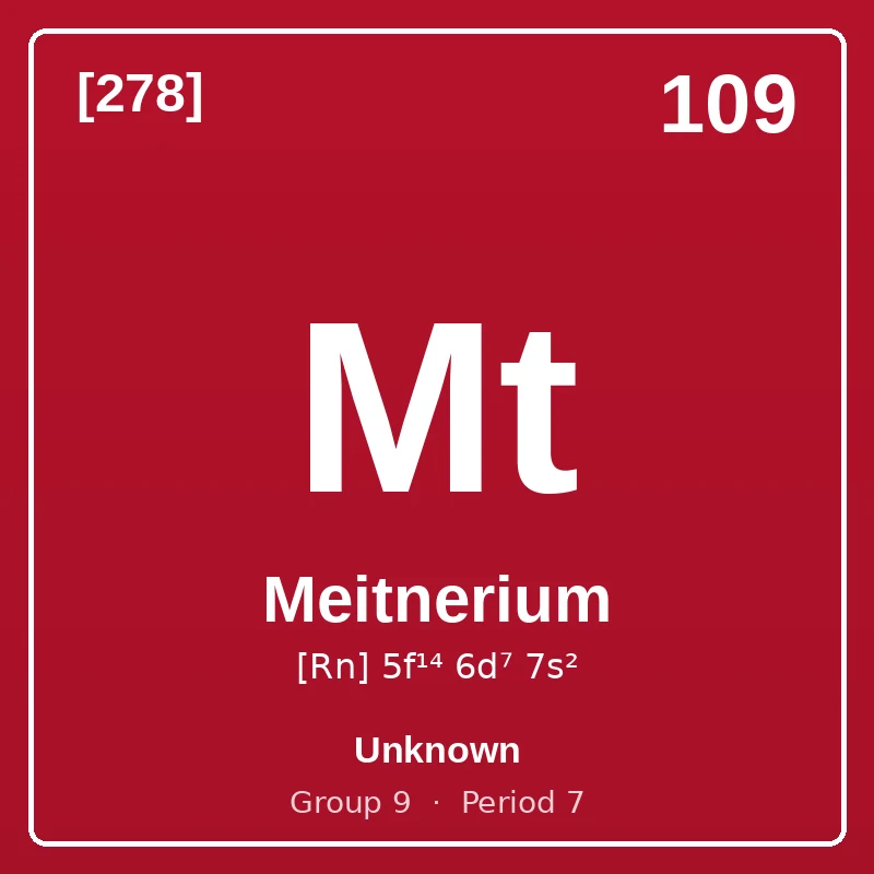 Meitnerium element card: symbol Mt, atomic number 109, atomic mass [278], electron configuration [Rn] 5f¹⁴ 6d⁷ 7s², Unknown, group 9, period 7.