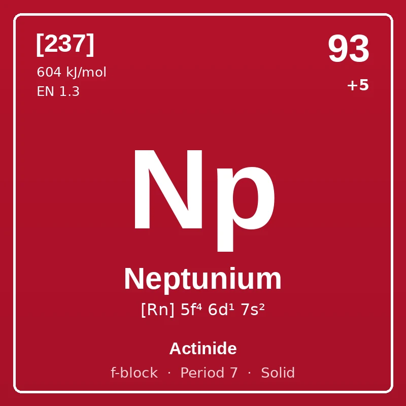 Neptunium element card: symbol Np, atomic number 93, atomic mass [237], electron configuration [Rn] 5f⁴ 6d¹ 7s², oxidation states +5, Actinide, f-block, period 7, solid at room temperature.