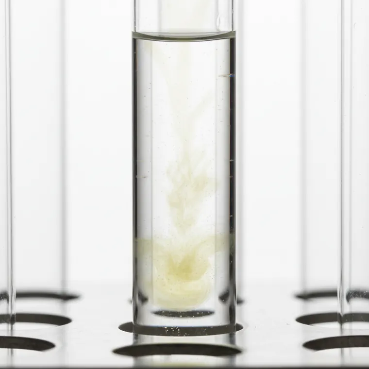 A cloudy solid precipitate forming and settling in a test tube of clear liquid