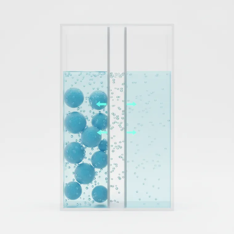Scientific illustration of reverse osmosis: water molecules pass through a semipermeable membrane while larger salt ions are blocked